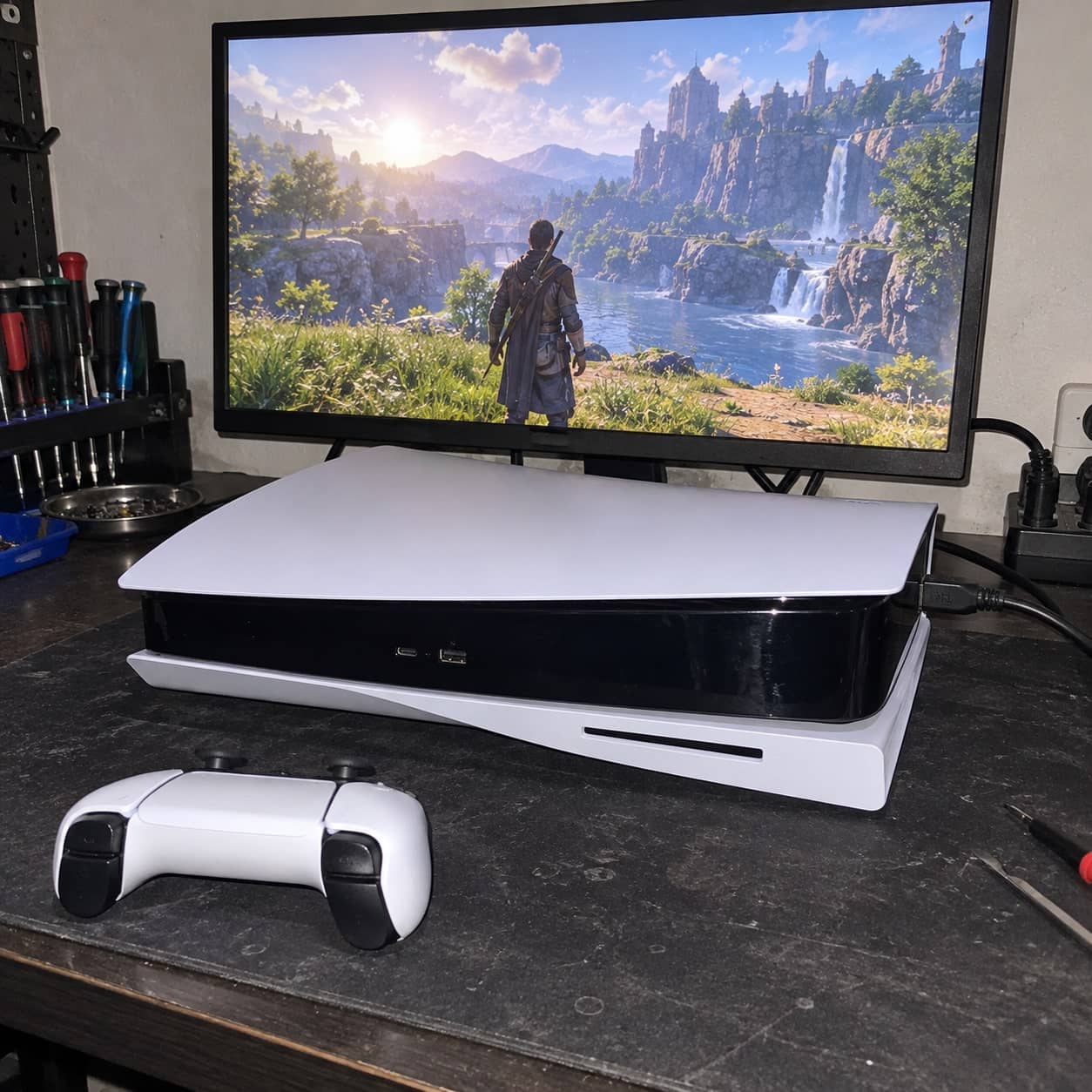 Reparierte PS5 im Funktionstest am Monitor