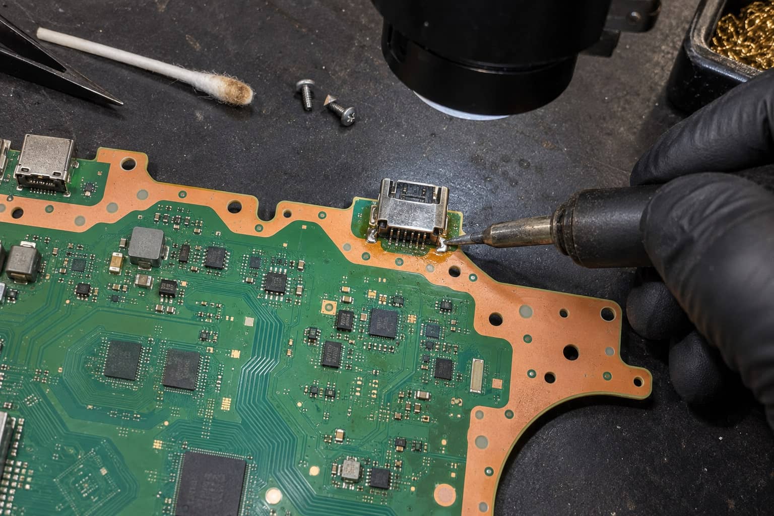 Lötarbeit an einem Anschluss auf dem PS5-Mainboard